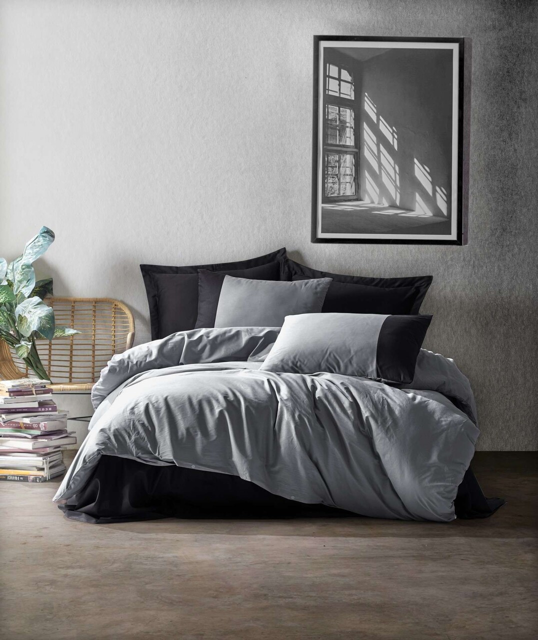 Lenjerie de pat dubla Super King (FR), L'essentiel Maison, Plain, Gri/Negru - imagine 3